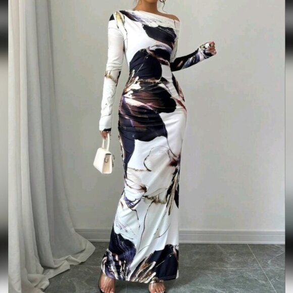 Women All-Over Allover Print Asymmetric Neckline Long Sleeve Waisted Dress - Picture 1 of 5